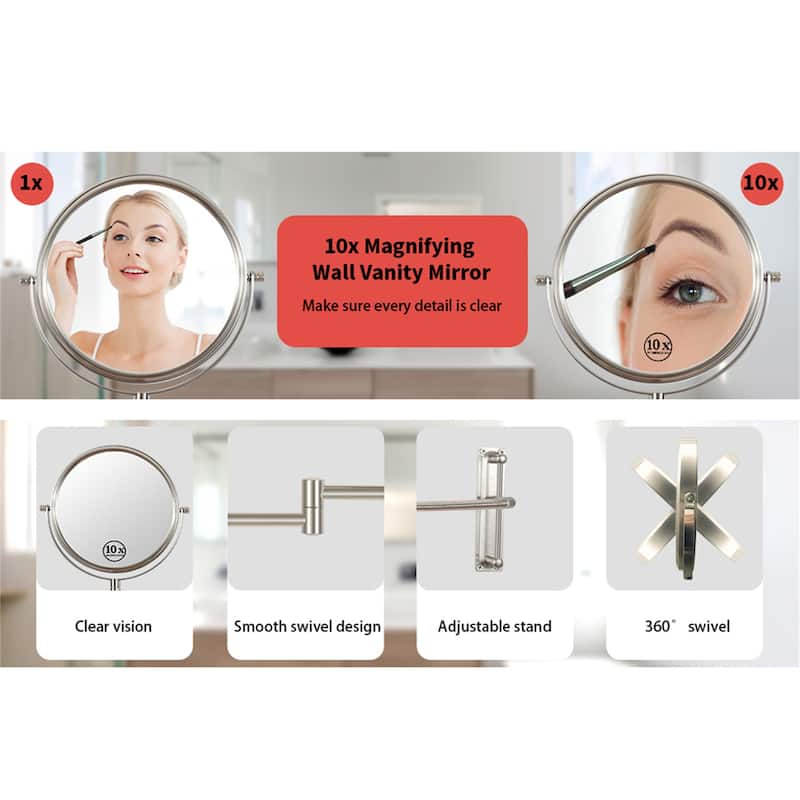 10x Magnifying Wall Mounted Makeup Mirror Finish Satin in Nickel Finish