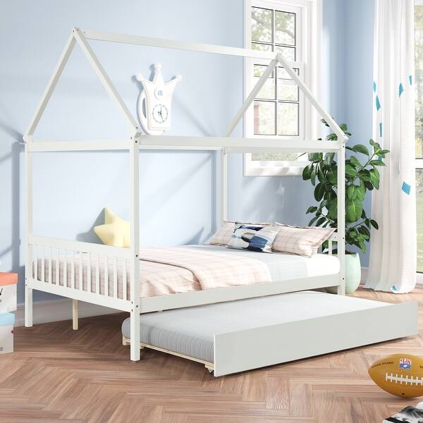 slide 2 of 13, White Full Size Wood House Bed with Trundle, Roof and Fence for Kids, Boys and Girls White