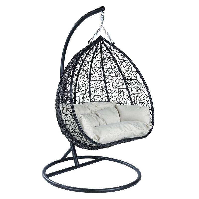 Hanging Swing Chair with Weave Design and Teardrop Shape in Black Frame - Beige