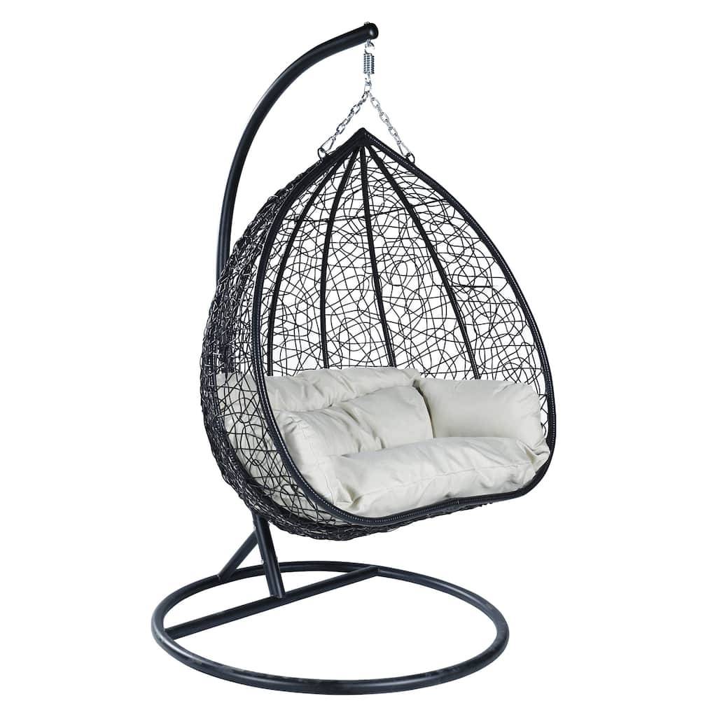 Hanging Swing Chair with Weave Design and Teardrop Shape in Black Frame