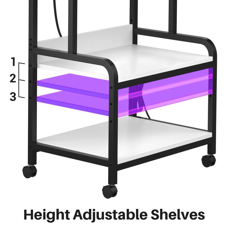 3 Tier Printer Stand File Cabinet with Height Adjustable Storage Shelf and Charging Station and Wheels