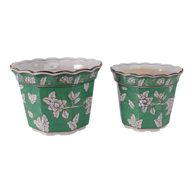 Ceramic Planters Embossed Bird Floral Detailing Scalloped (Set of 2) - 12.25" x 12.25" x 9.5"