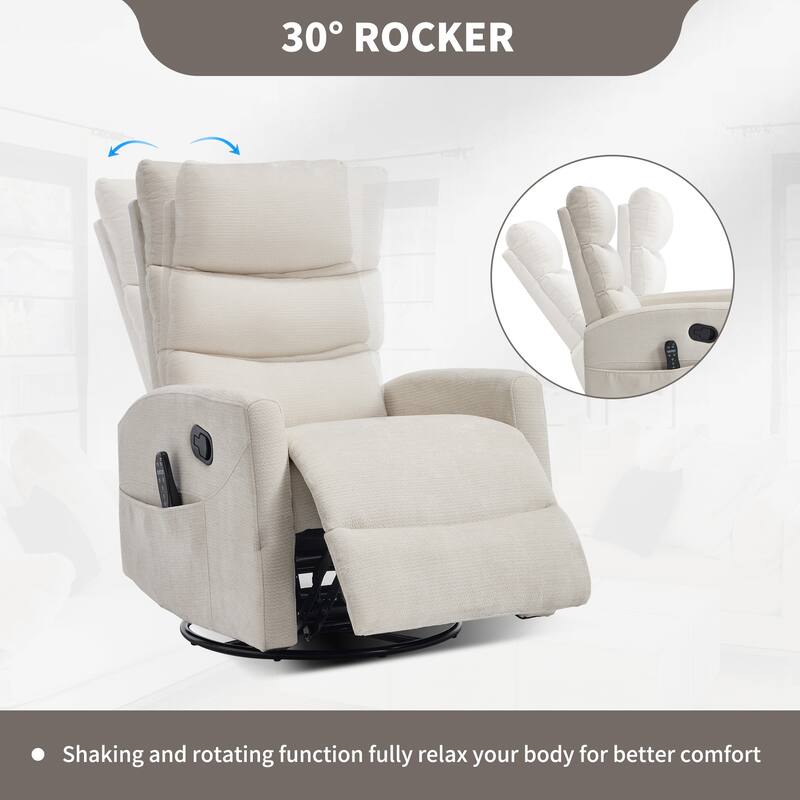 Roomfitters Manual Swivel Rocker Recliner Chair with Heat and Massage Fabric Glider Lounge Sofa for Living Room