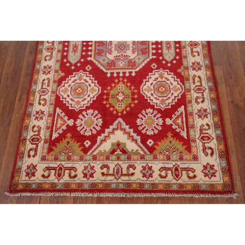 Geometric Red Kazak Accent Rug Hand-Knotted Oriental Wool Carpet - 2'7" x 4'1"