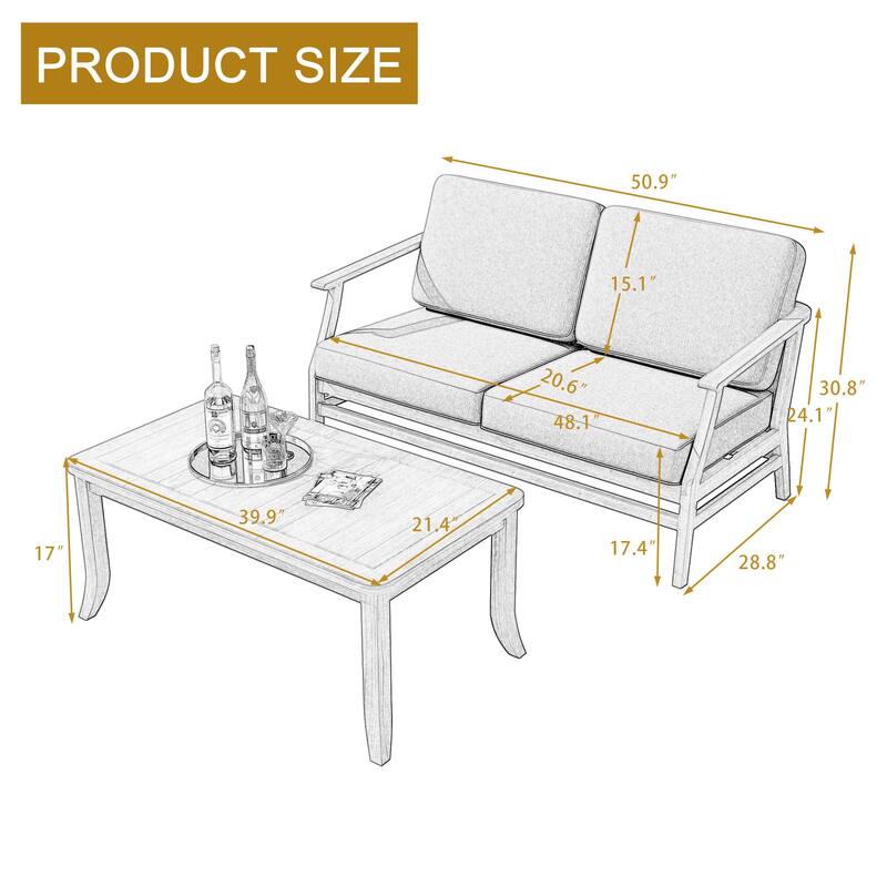 Teak Wood Patio Outdoor Loveseat Sofa and Coffee Table Set