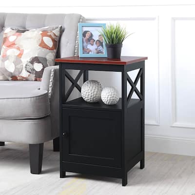 Farmhouse End Table with Cabinet & Shelves - Living Room Accent Table, Cherry/Black Finish - 26