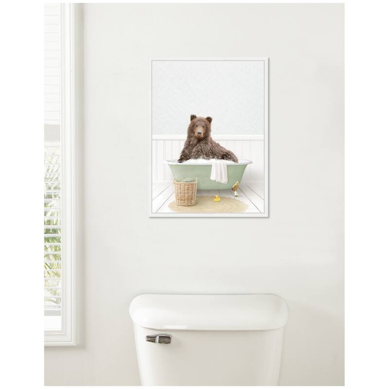 Kate and Laurel Sylvie Bear in Cottage Green Bath Framed Canvas by Amy Peterson