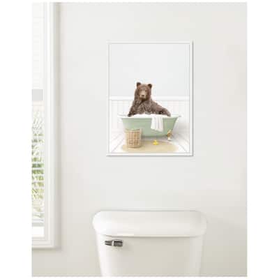Kate and Laurel Sylvie Bear in Cottage Green Bath Framed Canvas by Amy Peterson
