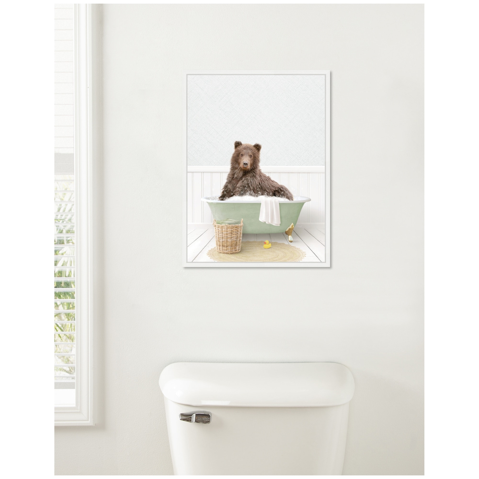 Kate and Laurel Sylvie Bear in Cottage Green Bath Framed Canvas by Amy Peterson