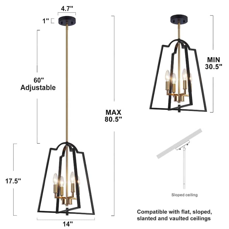 Modern Farmhouse Black Gold 4-Light Lantern Geometric Chandelier Candle Kitchen Island Pendant Light - 14" W x 17.5" H