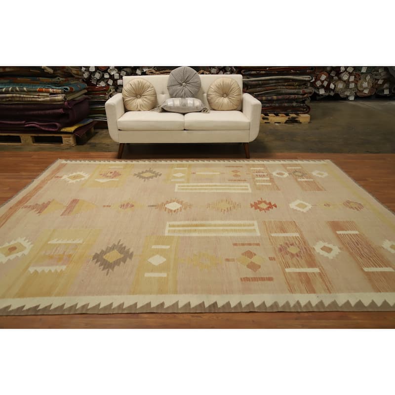 Hand Woven Oriental 100% Wool Carpet Southwestern Tribal Pink Kilim Area Rug - 9' 10'' X 7' 10''