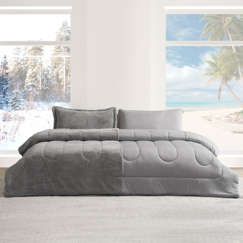 Opposites Attract® - Coma Inducer® Oversized Comforter Set - Plush Chartreux Gray + Cooling Silver Gray - Queen