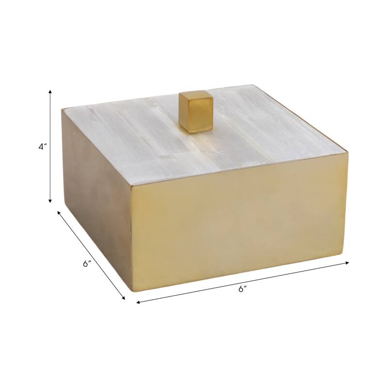 Stone Metal Decorative Box Square Selenite Stainless Steel Modern Glam - 6" x 6" x 4"