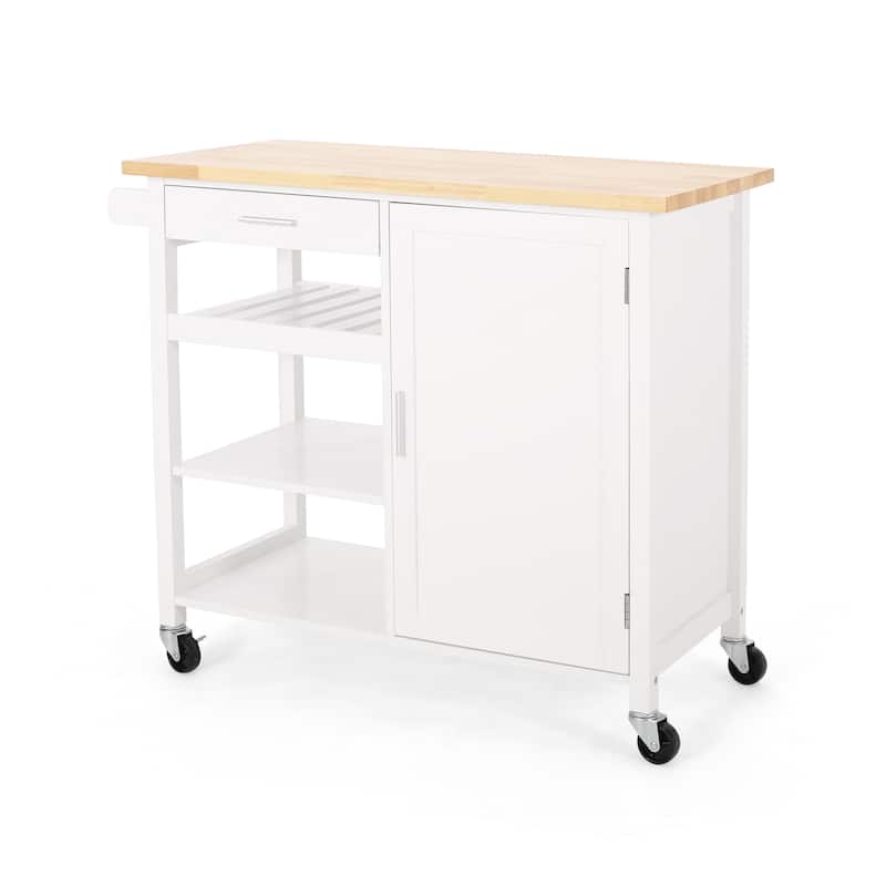 Contemporary Kitchen Cart with Rubberwood Top, Multi-Function Storage Drawer, Open Shelves, Rolling Casters with Locks