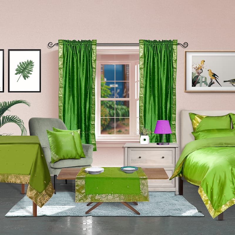Forest Green Rod Pocket Sheer Sari Curtain / Drape / Panel - Pair