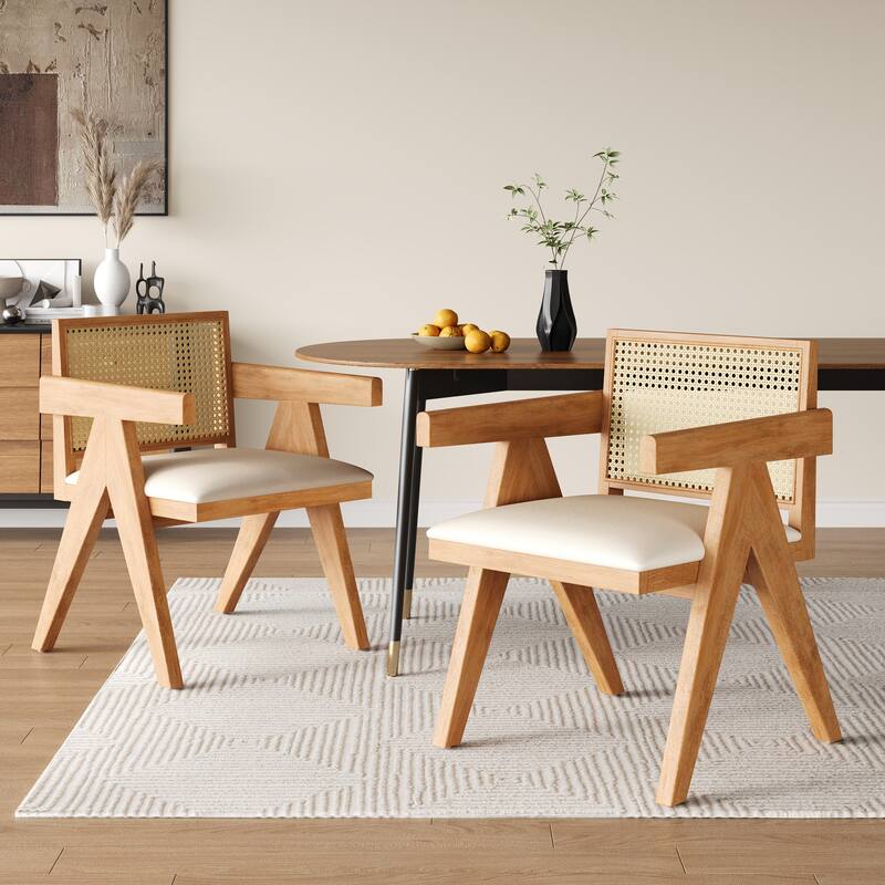 Farmhouse Kitchen Chairs Set of 2, Rattan Back Upholstered Arm Chairs - Natural Beige