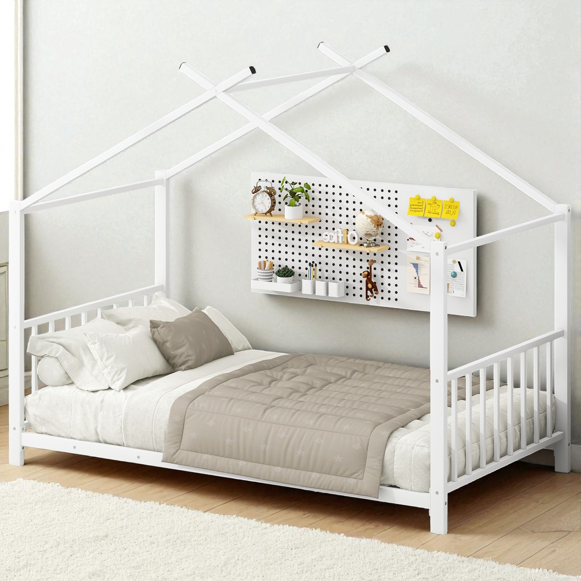 Twin Size Metal House Platform Bed Frame with Slat Support, Roof Design Headboard and Sturdy Steel Construction