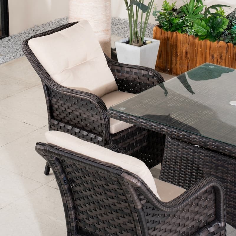 Outdoor 5-piece Square PE Rattan Dining Table and Chairs with Tempered Glass