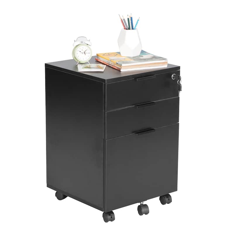 JJS 3 Drawer Rolling File Cabinet Wooden Storage with Lock & Wheels