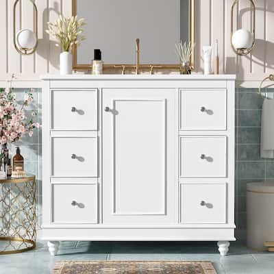 36" Bathroom Vanity with Ceramic Sink Combo, Solid Wood Frame Bathroom Cabinet