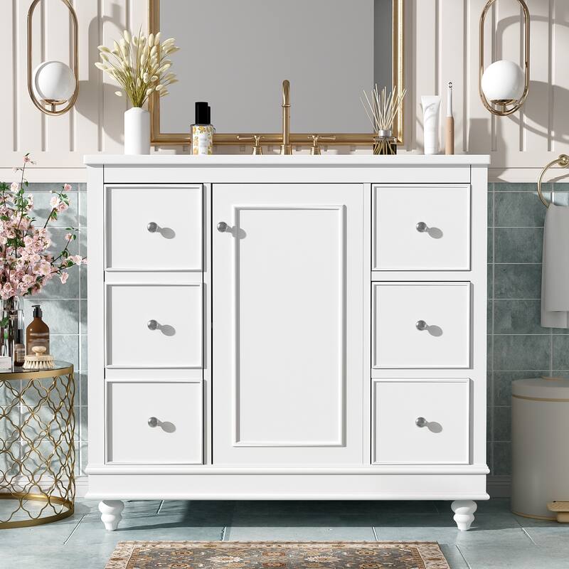 36" Modern Bathroom Vanity with Ceramic Sink - 4 Drawers & 1 Door, Adjustable Shelf - Solid Wood Frame & MDF for Bathroom