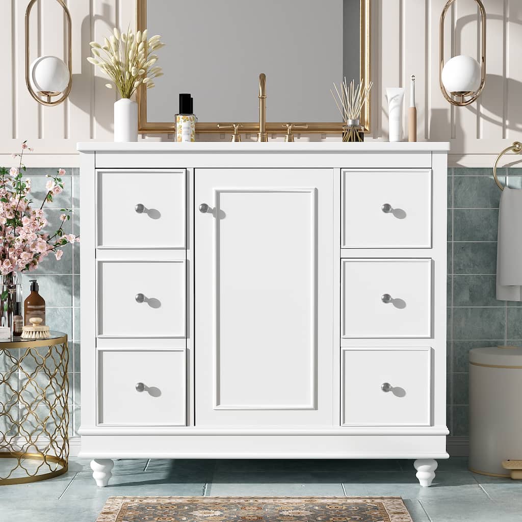 Bathroom Vanity Storage Cabinet with 4 Drawers, Removable Dividers, Adjustable U-shaped Shelf and Silver Handles