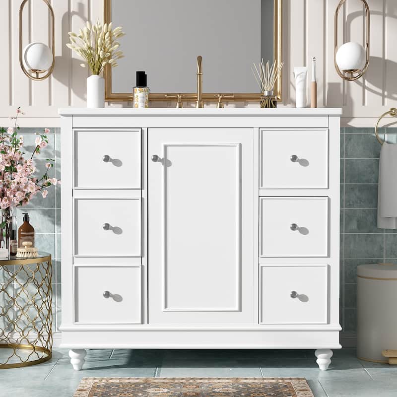 Roomfitters 36" Bathroom Vanity with Ceramic Sink, 4 Drawers, 1 Door, Adjustable Shelf, Solid Wood Frame - White