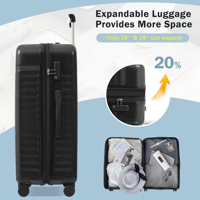 3-Piece Modern Front-Opening Luggage Expandable Luggage with USB Port and TSA Lock, for Boarding Travel, Black