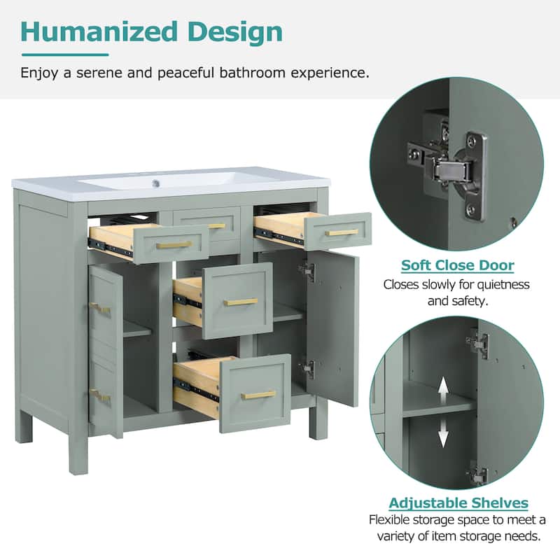36-inch Free-standing Bathroom Vanity with Resin Undermount Sink, 4 Drawers, 2 Doors, Adjustable Storage Shelves