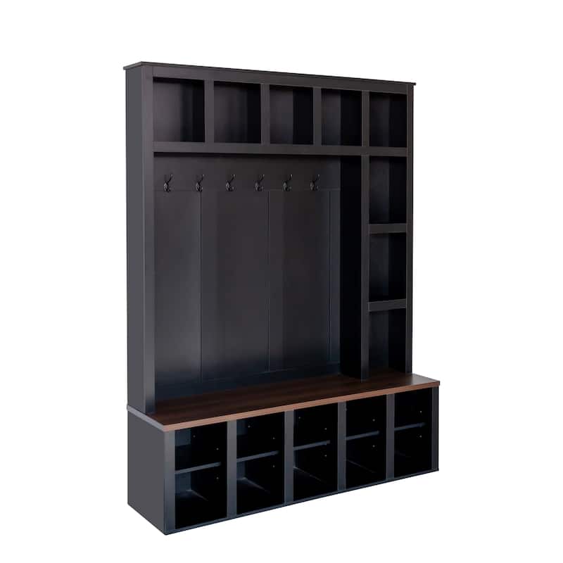 4-in-1 Wood Coat Rack with 6 Hooks, Adjustable Shelves and 13 Cubbies
