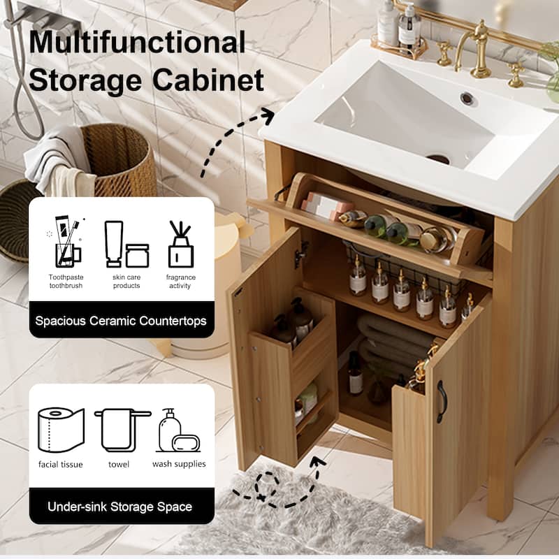 24'' Bathroom Vanity with Ceramic Sink, Solid Wood Frame, Flip Drawer, 2 Soft-Close Doors & Adjustable Shelf