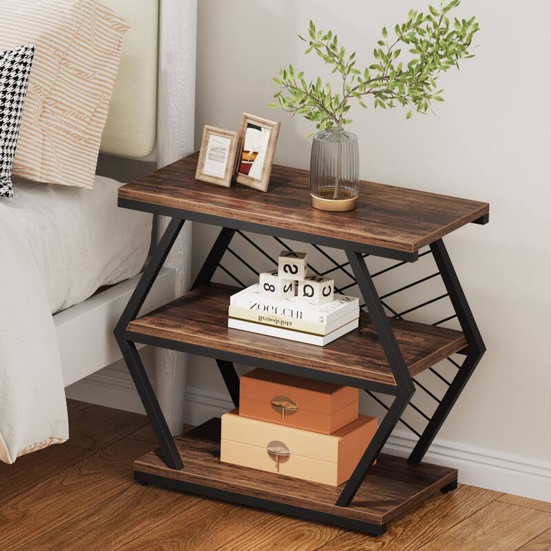 25" End Table 3-Tier Side Table with Metal Frame for Living Room Couch Side, Nightstands Bedsides Table for Bedroom - Brown