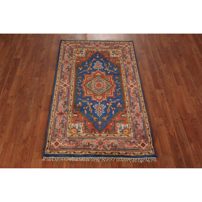 Blue Geometric Heriz Serapi Indian Foyer Rug Handmade Wool Carpet - 3'0"x 5'0"