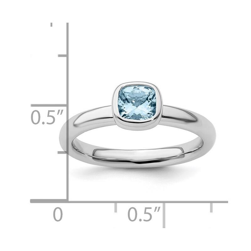 Curata 925 Sterling Silver Bezel Polished Stackable Expressions Cushion Cut Aquamarine Ring