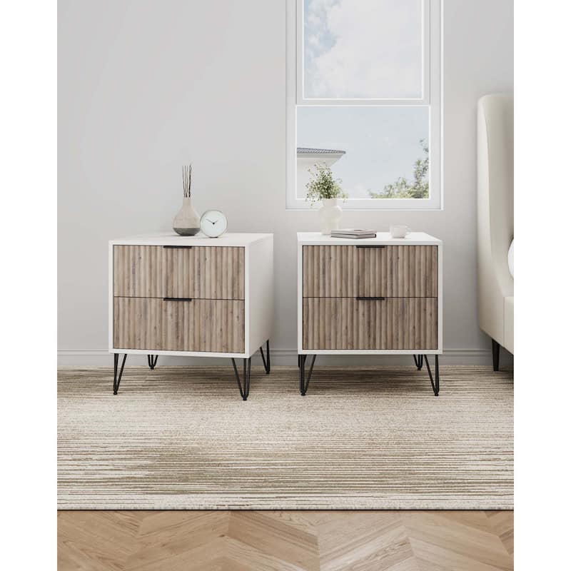 Manhattan Comfort Dumbo Mid Century 2 Drawer Nightstand Set of 2. - White and Rustic Grey