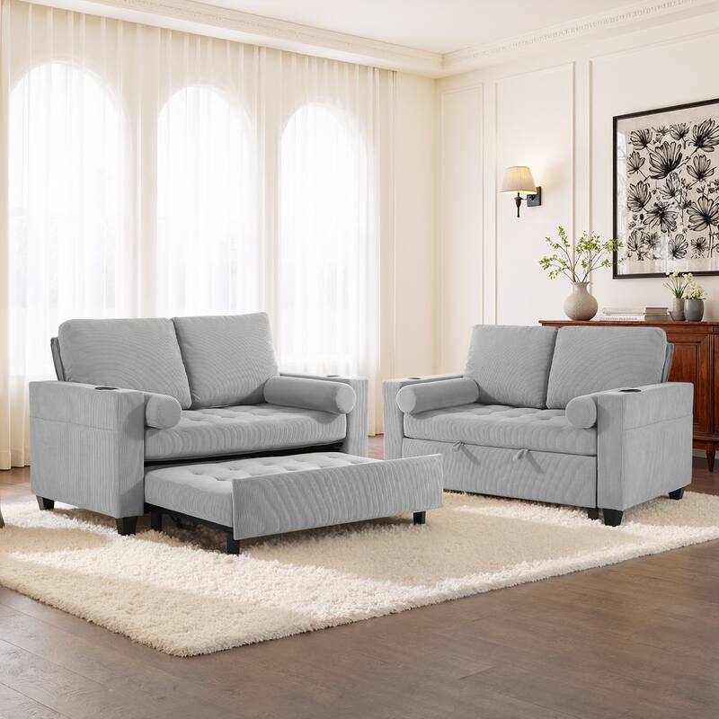 2 Set Corduroy Convertible Sleeper Sofa Bed Loveseats with Cup Holder, USB Ports & Storage