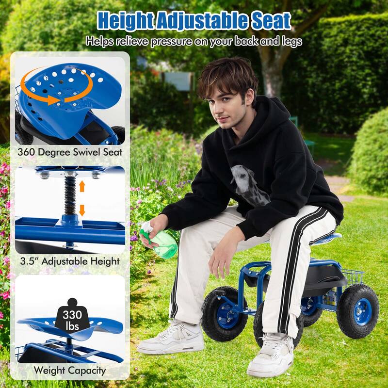 Costway Garden Cart Patio Wagon Rolling Work Seat with Tool Tray - See Details