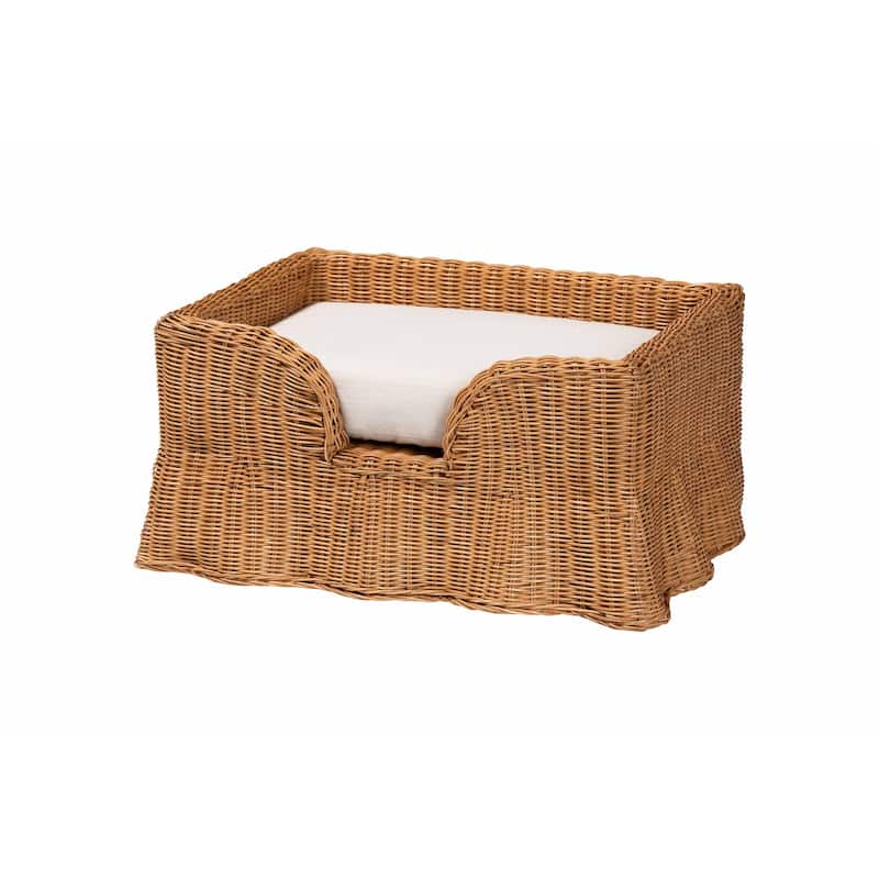 Belita Natural Rattan Pet Bed with Scalloped Base - Handwoven Wicker Enclosed Lounge Bed for Dogs or Cats with Removable Cushion - 27.6"