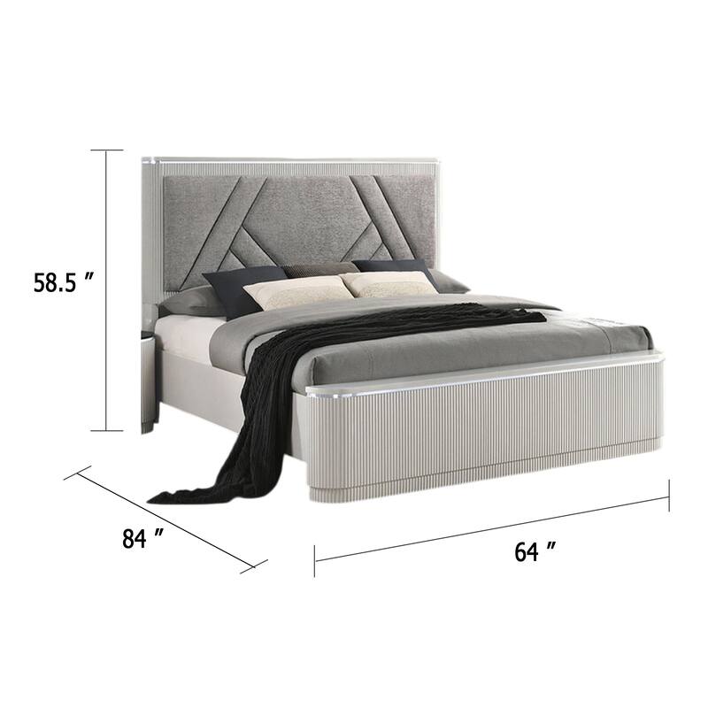 Vino Queen Bed, Gray Chevron Satin Fabric Upholstered, Solid Wood