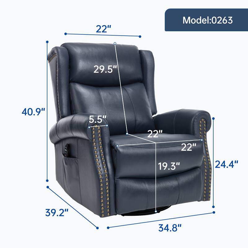 Manual Recliner Chair with Heat & Massage, Genuine Leather Swivel Recliner Chair, Lounge Sofa Chair with Side Pockets