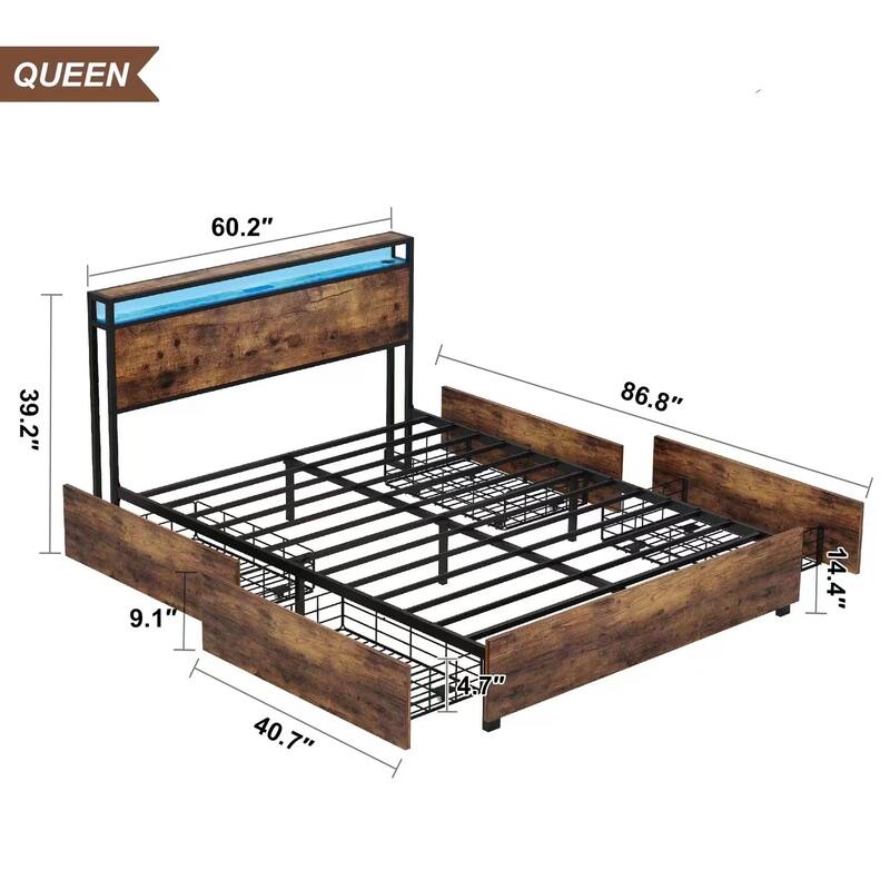 Queen Storage Bed Frame with Charging Station, LED Lights & Noise-Free Design, Easy Assembly