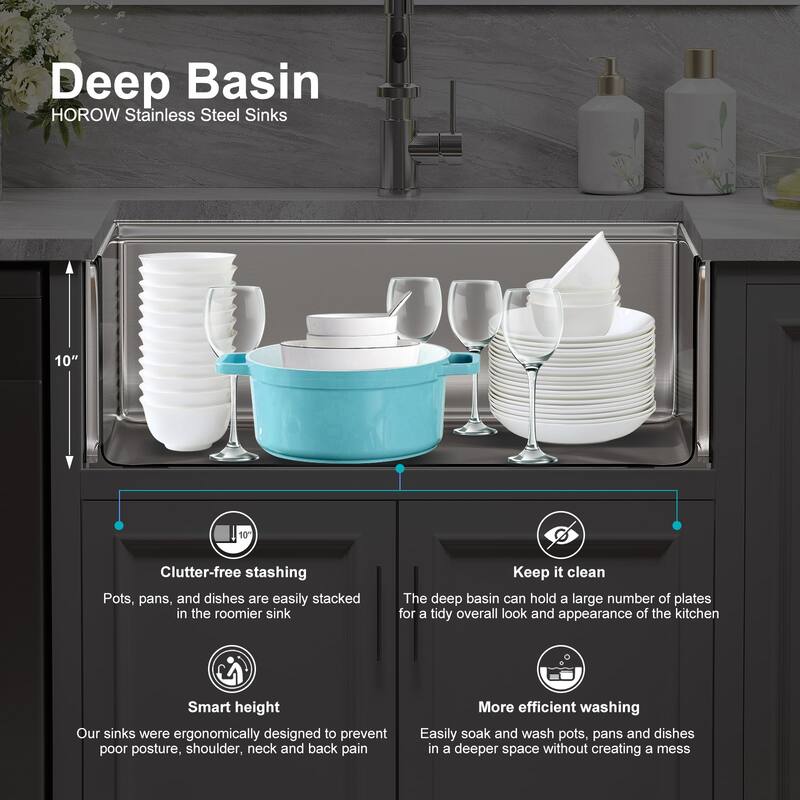 HOROW 33 in. Drop-In 18-Gauge Stainless Steel Workstation Kitchen Sink with Single Bowl and Built-In Ledge