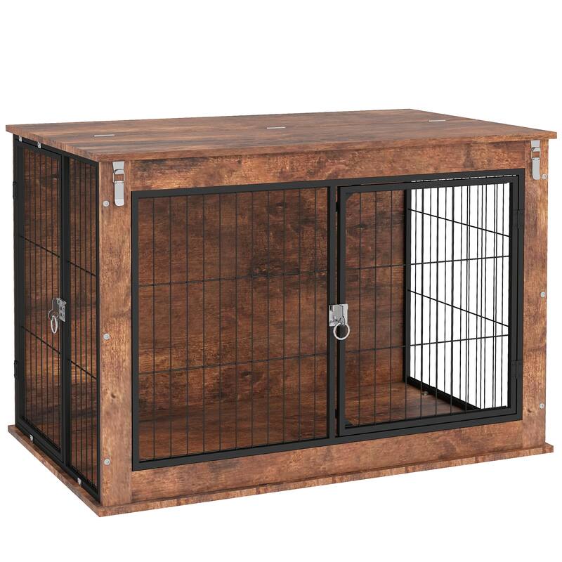 PawHut Dog Crate Furniture with Flip-up Top Opening, 39" Dog Kennel Furniture with 2 Doors, Decorative Dog Cage Side End Table - Brown