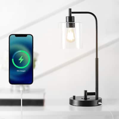 Selina Modern 23" Iron/Seeded Glass Farmhouse Industrial USB Charging LED Task Lamp, Black by JONATHAN Y - 1 Bulb