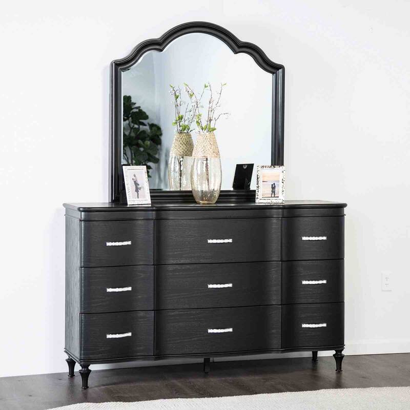 Glam Black Finish 4 Piece Bedroom Set Bed Nightstand Mirror Dresser