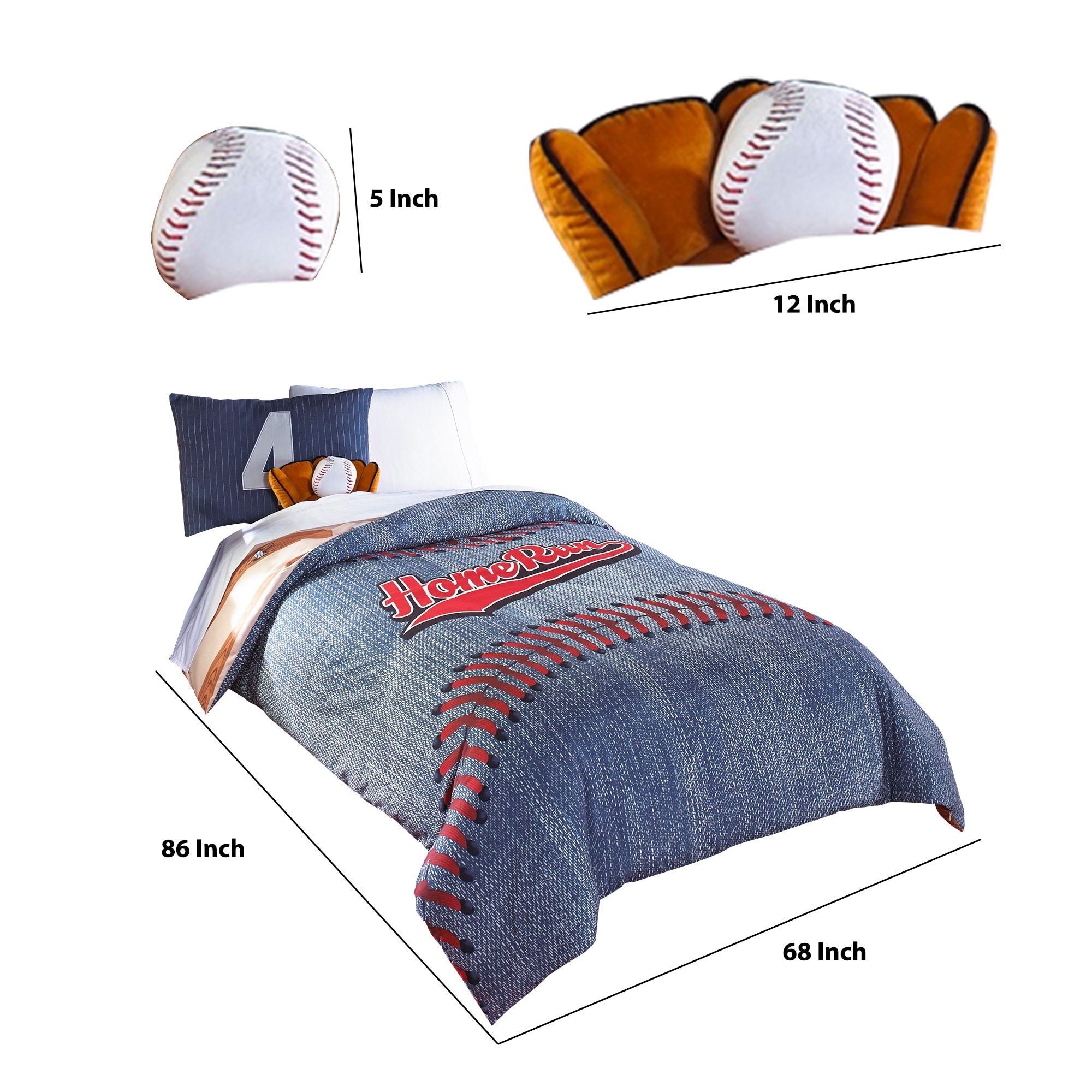 8 Piece Polyester Twin Comforter Set with Baseball Inspired Print, Blue