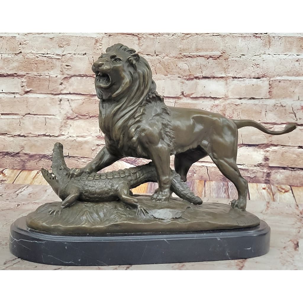 Majestic Bronze Lion Vs Crocodile Statue By Delabrierre – Wildlife Showdown On Marble Base
