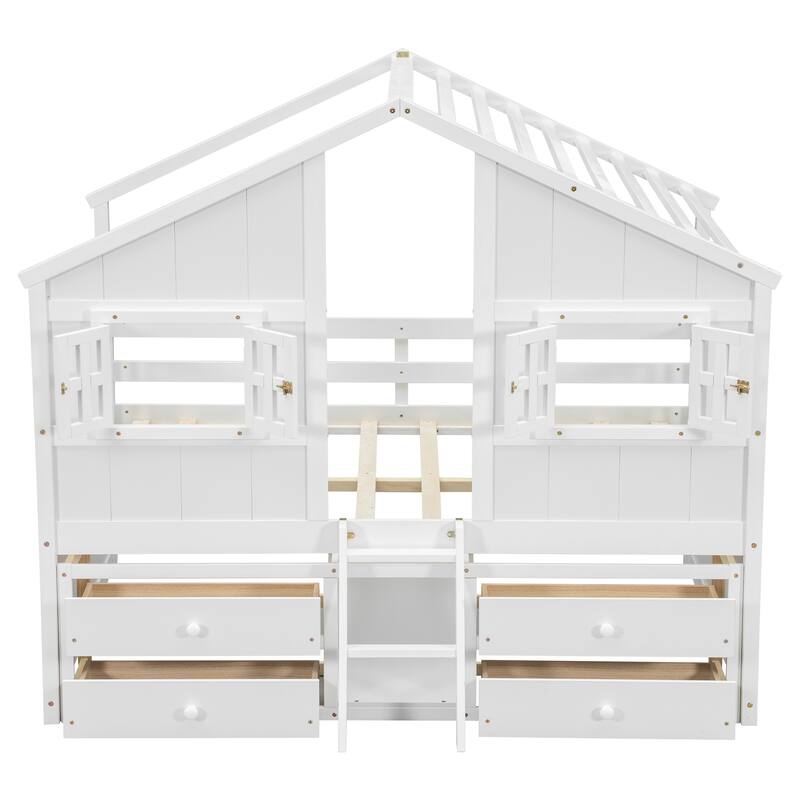 Full Size House-shaped Loft Bed with House Roof Frame Skylight Windows 4 Storage Drawers Guardrails and Stairs for Kids' Room