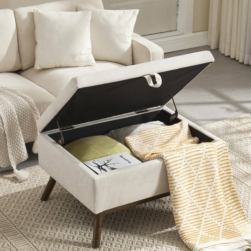Mid-Century Modern Square Coffee Table with Storage Bench - Beige