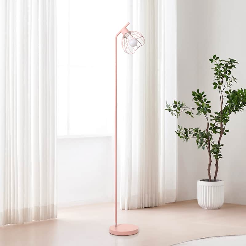 Metal Industrial Cage Floor Lamp with Curved Arm and Rotary Switch - 9.57 x 7.87 x 54.50 in. (L x W x H)